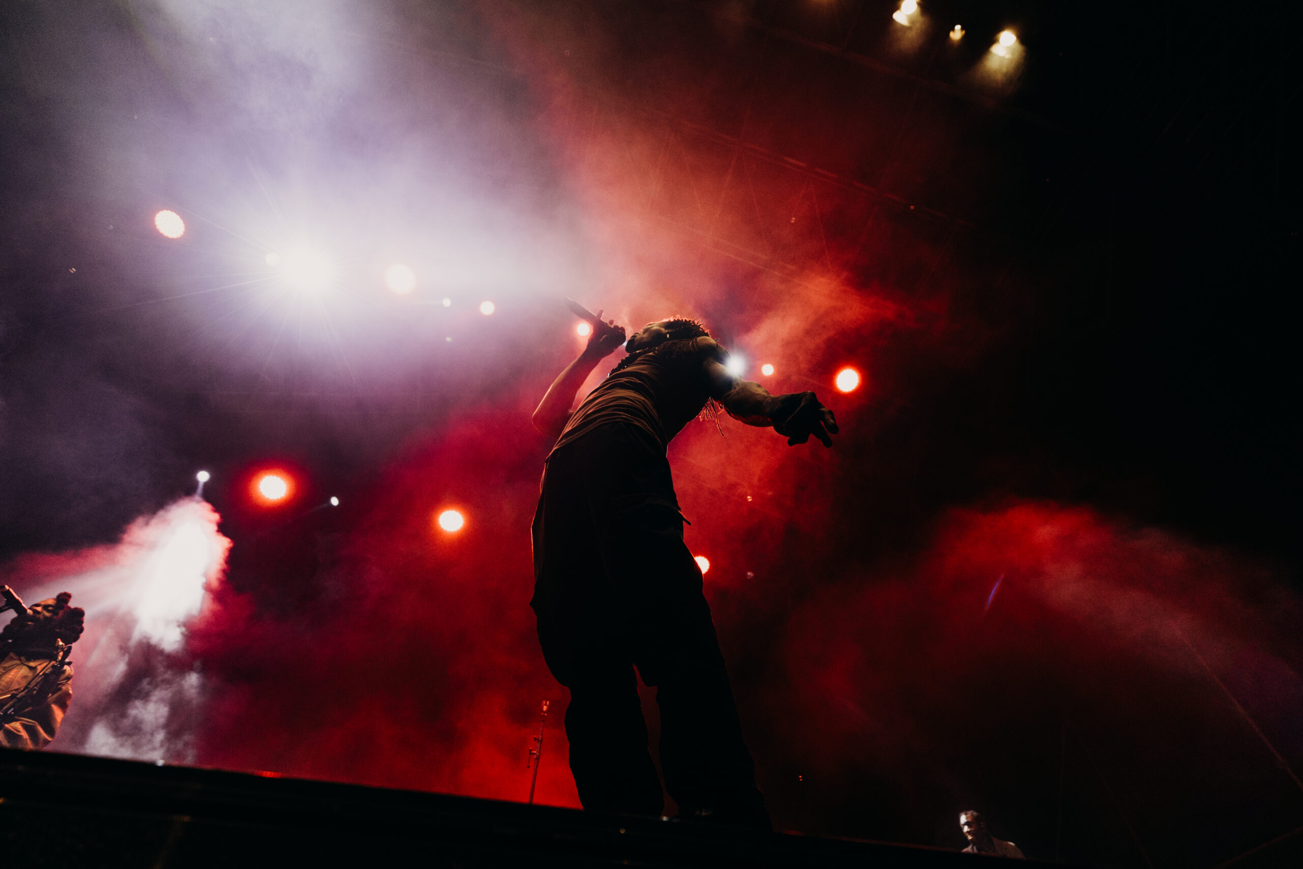 Cantante a contraluz entre humo rojo y focos en el escenario del WOMAD